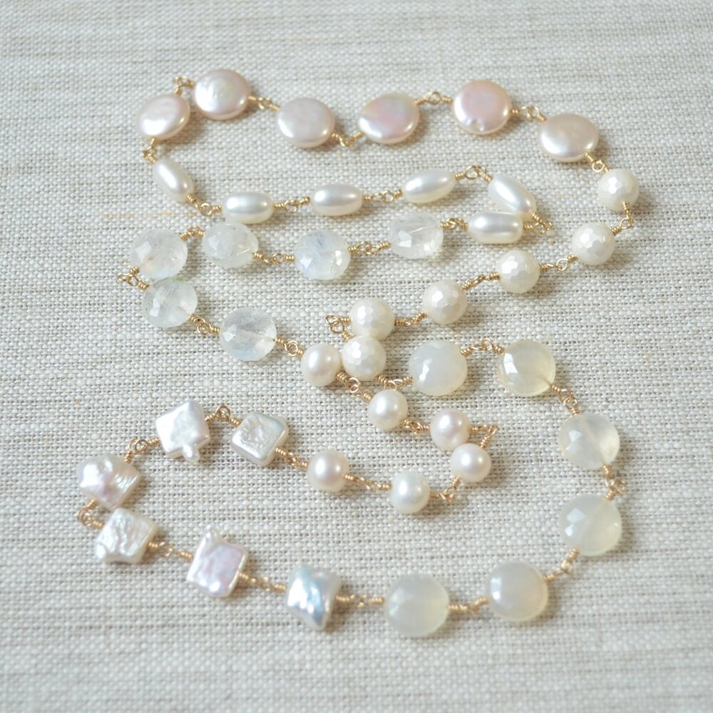 Long White Gemstone and Pearl Necklace in Gold - Picture 1 of 10